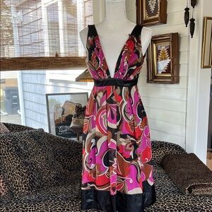 Democracy Red and Pink Patterned Silk Midi Dress